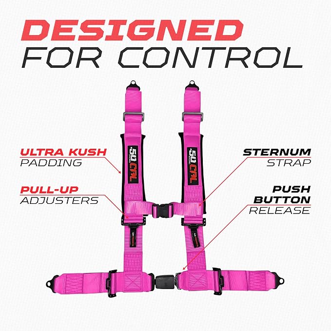 1pc 50 Cal Pink 4 Point Harness 2in Straps, Racing Harness Seat Belt | Ultra Kush padding, Push Button quick release hardware. Universal Fit for UTV, RZR, race car.