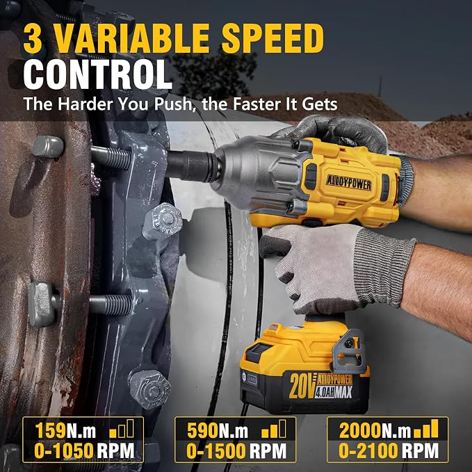 ALLOYPOWER Cordless Brushless Impact Wrench, 1475 ft-lbs (2000N.m), 1/2 High Torque power impact gun, 3-Mode Speed, 4000mAh Battery, 3 Sockets, Electric Impact Wrench Set for Car Tire Truck RV Mower