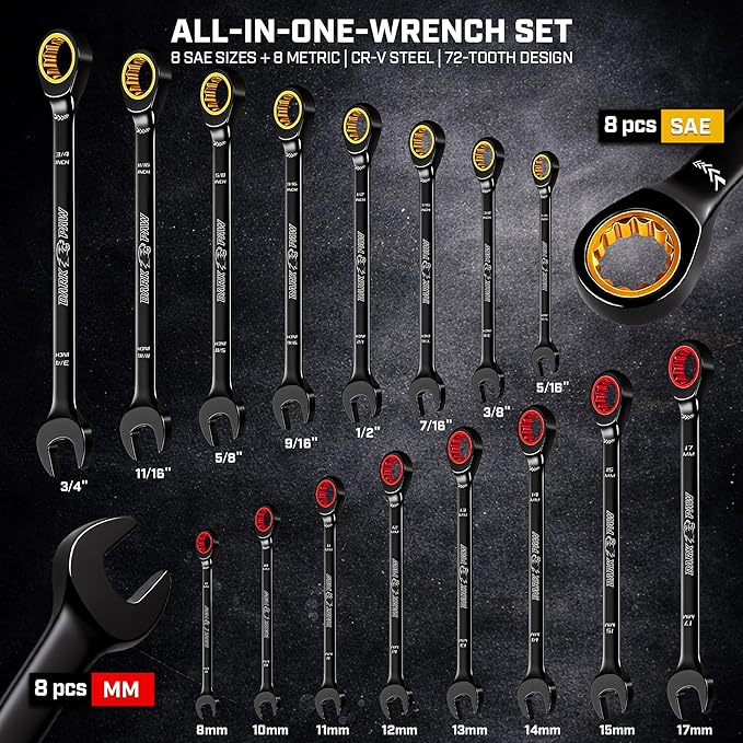 ironcube 16-Piece SAE/Metric CR-V 72-Tooth Ratcheting Wrench Set | For mechanics and automotive DIYers who need faster access and organized sizing for garage maintenance, 8-17mm & 5/16"-3/4"