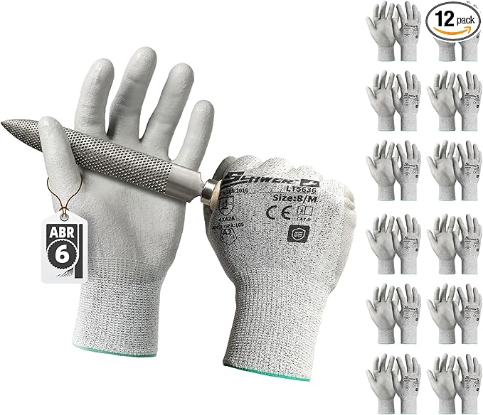 Schwer 12 Pairs Safety Work Gloves with Certified Level 6 Abrasion Resistance, ANSI A2 Cut Resistant Working Gloves with Grip for General Use, Construction, Gardening, Mechanic, 3D-Comfort, LT5636, M