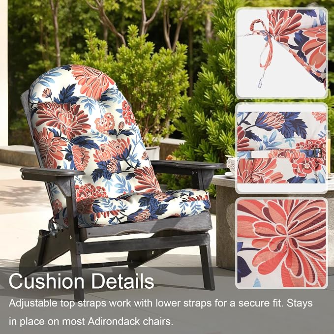LVTXIII 2 Pack Outdoor Adirondack Chair Cushions, 44x19x4 Inch Water Repellent Patio Cushions for Rocking Chairs, Thick Tufted High Back Seat Cushion Set, Vibrant Blossom