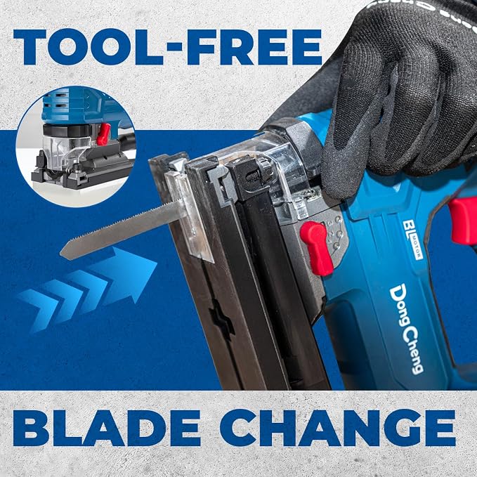 (Battery & Charger Not Included) Dong Cheng 20V Brushless Jigsaw, 26mm Stroke, 800-3500 SPM, 0-45° Bevel, 6-Speed, Orbital Action, Dual LED, Dust Blower