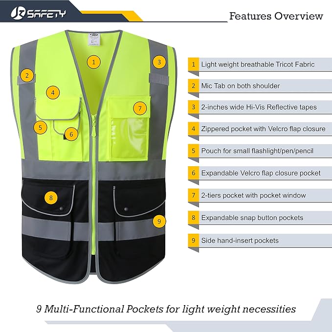 JKSafety 9 Pockets High Visible Reflective Safety Vest Zipper Front Breathable Lining, Yellow-Black Meets ANSI/ISEA Standards(150-Yellow-Black L