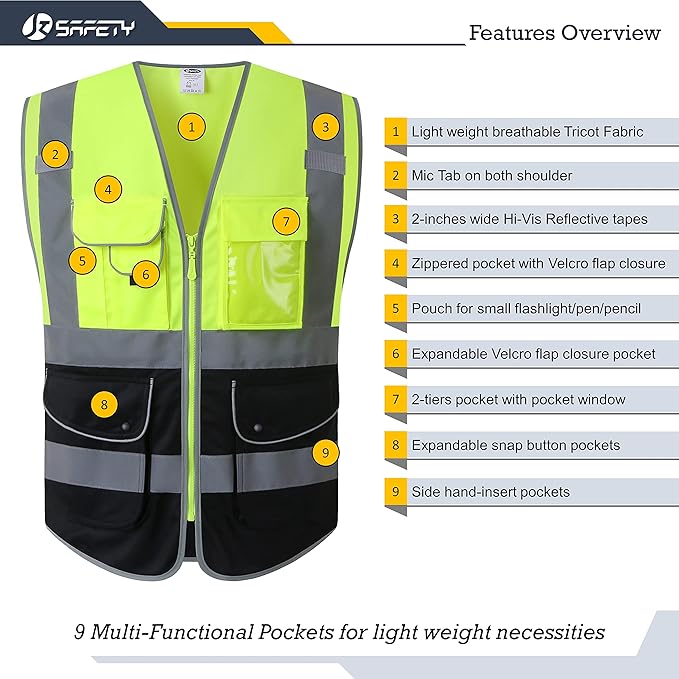 JKSafety 9 Pockets High Visible Reflective Safety Vest Zipper Front Breathable Lining, Yellow-Black Meets ANSI/ISEA Standards(150-Yellow-Black XL