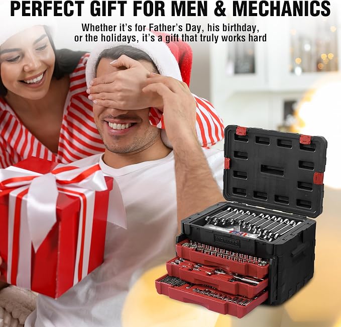 WORKPRO 450-Piece Drive Socket Set 1/2" 1/4" 3/8", CR-V Metric and Imperial with Quick-Release Ratchet Wrench, Spanners, Bits Set, Mechanics Tool for Car Repair