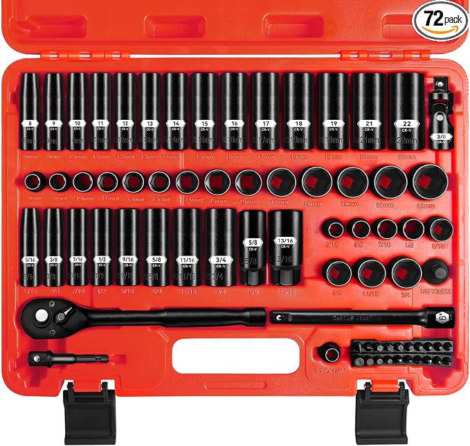 ZHAX 3/8 Inch Drive 6 Point Impact Socket Set, 72 PCS Standard SAE(5/16"- 3/4") & Metric(8-22mm) With Spark Plug, Deep & Shallow, 72T Wrench Ratchet Tool Kit,Cr-V With Heavy Duty Storage Case