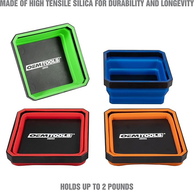 OEMTOOLS 26052 Foldable Magnetic Tray Set, Mothers Day Gifts, Magnetic Tray for Mechanic's Small Parts, Sorting and Storage, Collapsible, 4-1/2" Square, 2 lb. Capacity, 4 Color Gifts for Mom