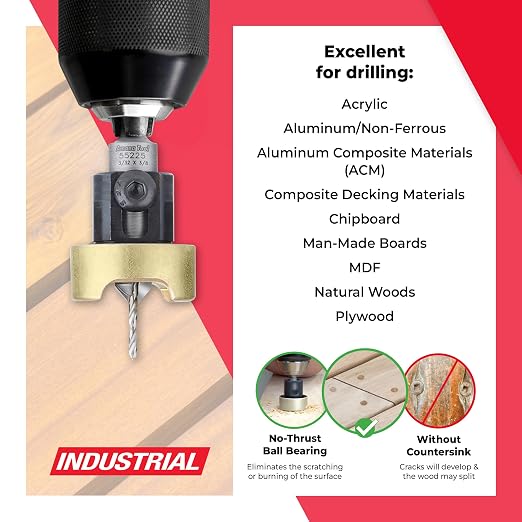 Amana Tool 82 Degree Countersink with Drill Bit Depth Stop and No-Thrust Ball Bearing, 55225, 3/8 D x 3/32 Drill D x 1/4 Inch Quick Release Hex Shank