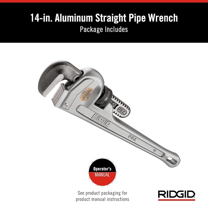 RIDGID 31095 Model 814 Aluminum Straight 14" Plumbing Pipe Wrench, Silver, Made in the USA