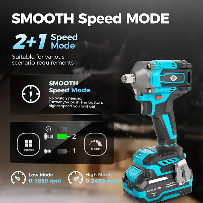 1/2" Cordless Impact Wrench Kit, 630N.m (465Ft.lb) Brushless Impact Gun with 4.0Ah Battery and Fast Charger, 3-Mode Speed, 2500RPM 20V Power Impact Driver Electric Impact Wrench with LED Light for Car