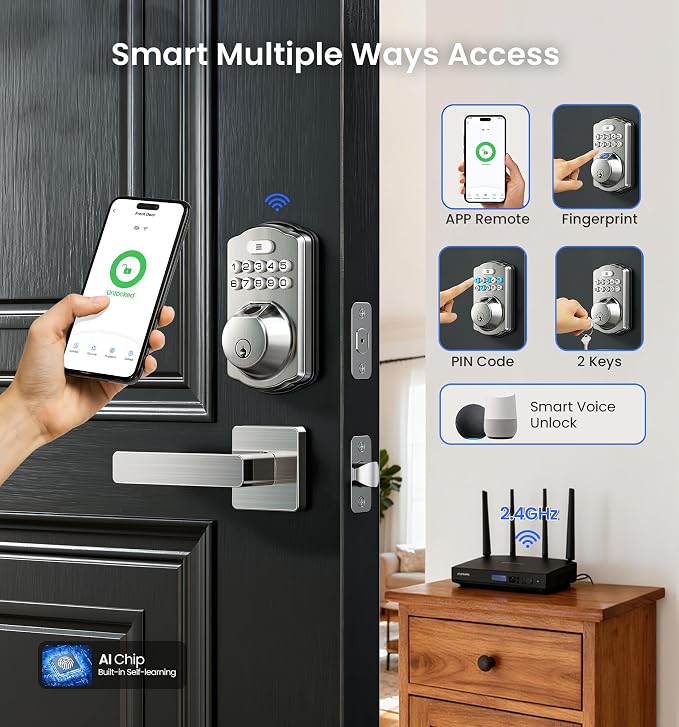 Veise VE012W-L WiFi Fingerprint Deadbolt Lock with Handle Set, Satin Nickel | Built-in WiFi, APP Remote & Voice Control, Real-time Alert, Smart Keyless Entry for Front Door, Back-Lit Keypad, Auto Lock