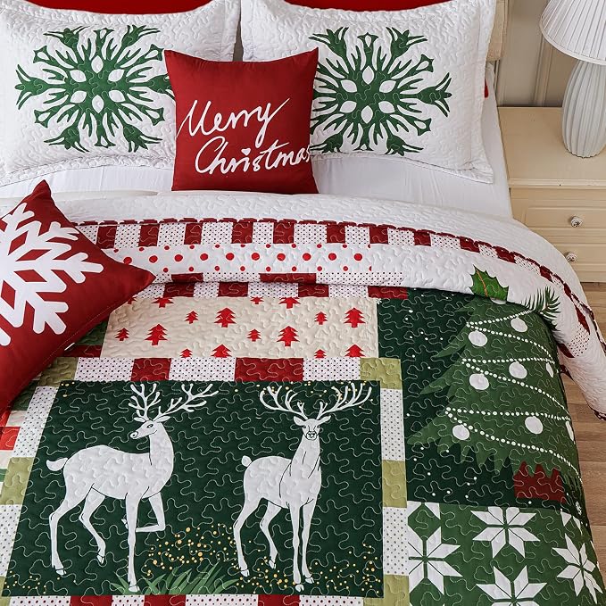 Cmfshape 5-Piece Christmas Quilt Set,Queen Size Xmas Tree Reindeer Santa Claus Pattern Christmas Bedding Set,Reversible Bedspread Coverlet,Holiday Bedding(92"x96")