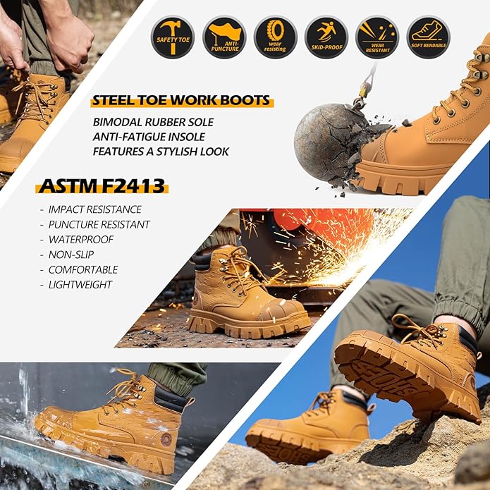 KELODON Waterproof Steel Toe Boots For Men 6 Inch Leather Steel Toe Shoes Non Slip Resistant Safety Work Boots Indestructible Lightweight Construction Boot