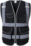 JKSafety 9 Pockets High Visibility Safety Vest for Men and Women, Hi-Vis Reflective Black Safety Vests with Zipper Front, Meet ANSI/ISEA Standards(159-Black L)