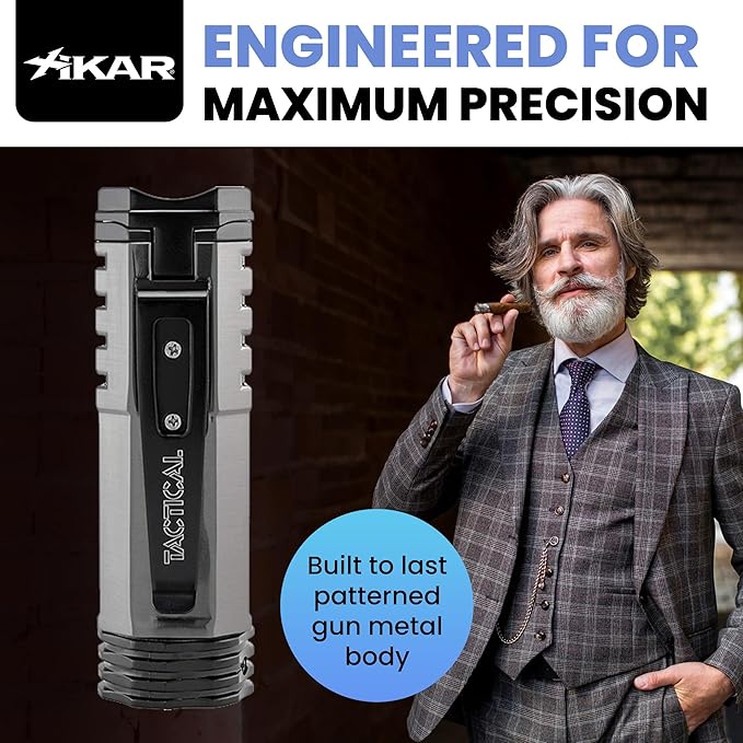 XIKAR Tactical Single-Jet Lighter, Gunmetal and Black - Powerful Flame, Rugged Design with Rest Feature, Pocket Clip, EZ-View Fuel Window, and Adjustable Flame Height - Ideal for Outdoor Use