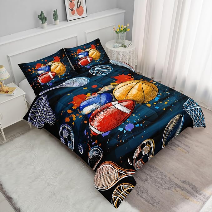 Axolotl Ball Game Bedding Set Twin, Basketball & Volleyball Comforter Set Sports Bedding, Soccer & Football Comforter Colorful Grunge Style for Kids Boys Teens, 1 Quilt 2 Pillowcases