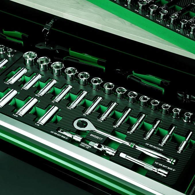 SK 1/2" Drive Socket Set with 160-P Ratchet, 34-Piece SAE Sockets | SuperKrome Finish, Premium CR-V Steel, Heat Treated, with EVA Foam Tool Organizer