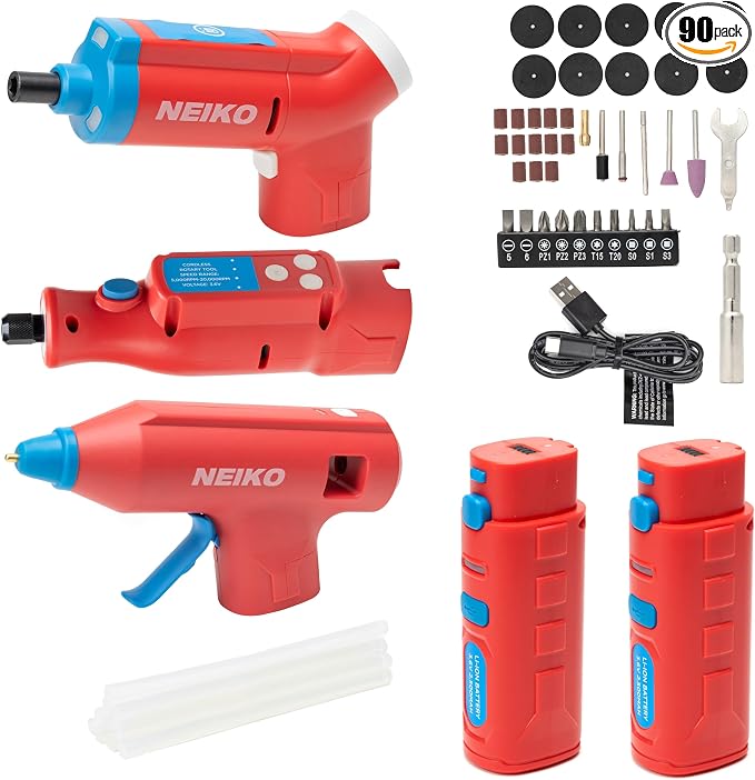 NEIKO 10583A Cordless Tool Set 3.6V Electric Rotary Tool, 46pc Accessory Kit, 20W Hot Glue Gun, 20 Glue Sticks, 34pc Cordless Electric Screwdriver Set, USB Charging Cord & Quick Change Features