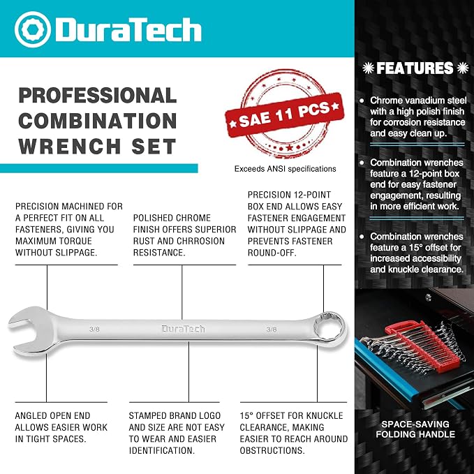 DURATECH Combination Wrench Set, SAE, 11-Piece, 1/4'' to 7/8'' | 12-Point, CR-V Steel, Organized in Wrench Holder