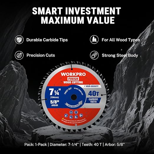 WORKPRO 7-1/4 Inch Woodworking Circular Saw Blade, 40T General Purpose Wood Cutting, Thin Kerf, Carbide Tipped, ATB Tooth, 1-Pack