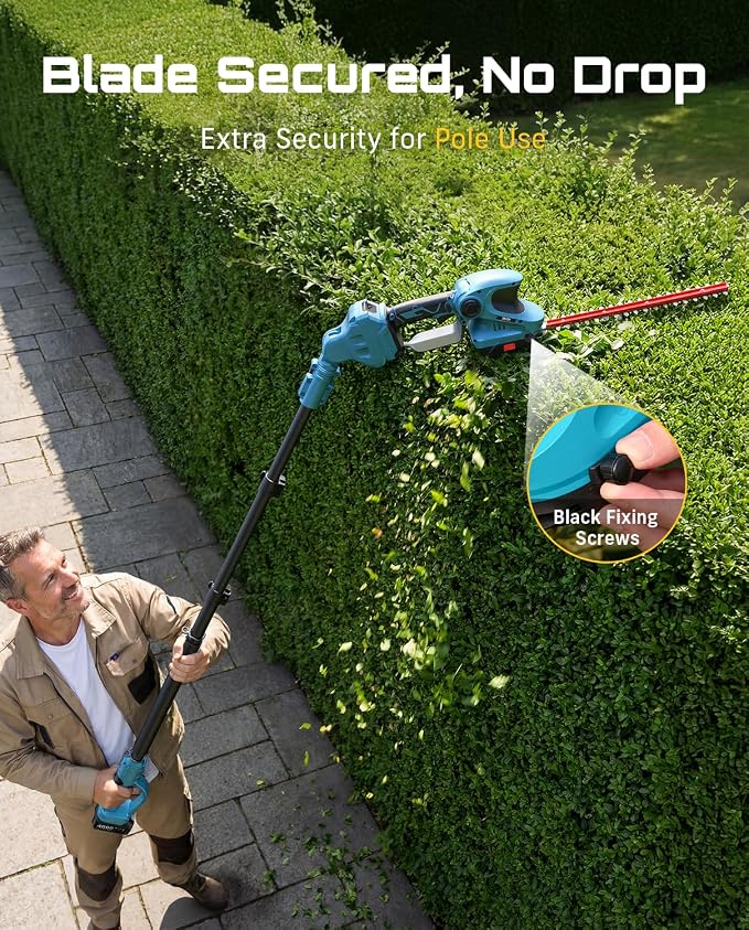SEESII 4-in-1 Cordless Pole Hedge Trimmer: 20V 9-Ft Telescoping Shrub Trimmer & Grass Shear, 12" & 6'' Dual-Action SK5 Blades, 2 x 4.0Ah Batteries, Shoulder Strap for Tall Hedges & Lawn Edging