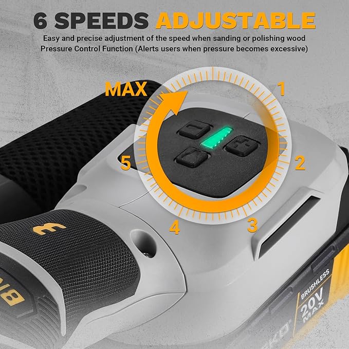 Cordless Orbital Sander: DEKOPRO 20V 5Inch Brushless Orbital Sander, 6000-12000RPM Electric Plam Sander Tool with Battery, Charger, Sanding Discs,Dust Box & Dust Pipe for Woodworking