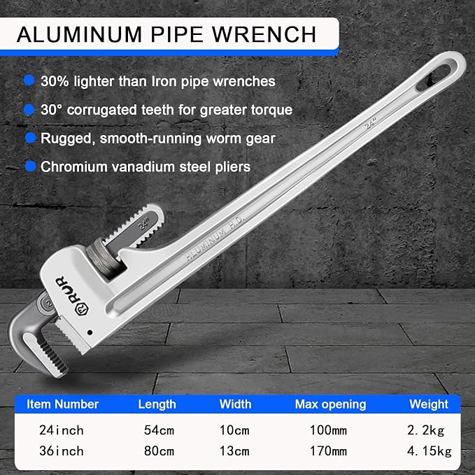 24 Inch Aluminum Pipe Wrench | Plumbers Wrench, Heavy Duty Plumbing Tools | Forged from High Carbon Steel | Suitable for Water Pipes, Plumbing, Fire Protection Pipe Tools