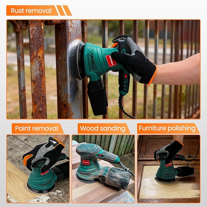 HYCHIKA 5-Inch Random Orbital Sander, 13000RPM Electric Palm Sander with 6 Variable Speeds, Powerful Motor, 12PCS Sandpapers and Efficient Dust Collection Bag, for Woodworking, Finishing and Polishing