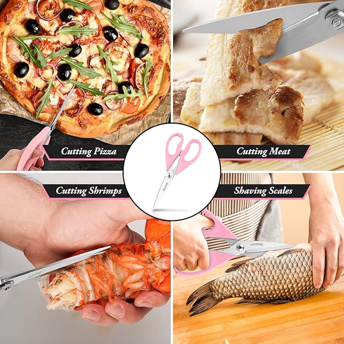 iBayam All Purpose Kitchen Scissors 2 Pack Heavy Duty Meat Food Poultry Shears with Protective Sheath, Dishwasher Safe, Soft-Grip Cute Aesthetic Gift for Women Mom Wife Her Couple Pastel Pink