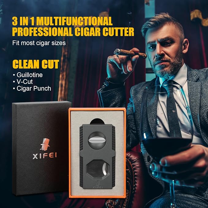 XIFEI Cigar Cutter V-Cut Guillotine 3 in 1 Straight Cut V Cutter with Cigar Punch Stainless Steel Blade Ergonomic Design Secure-Lock Cigar Clipper,Cuts Up to 60 Ring Gauge Cigars (Black)
