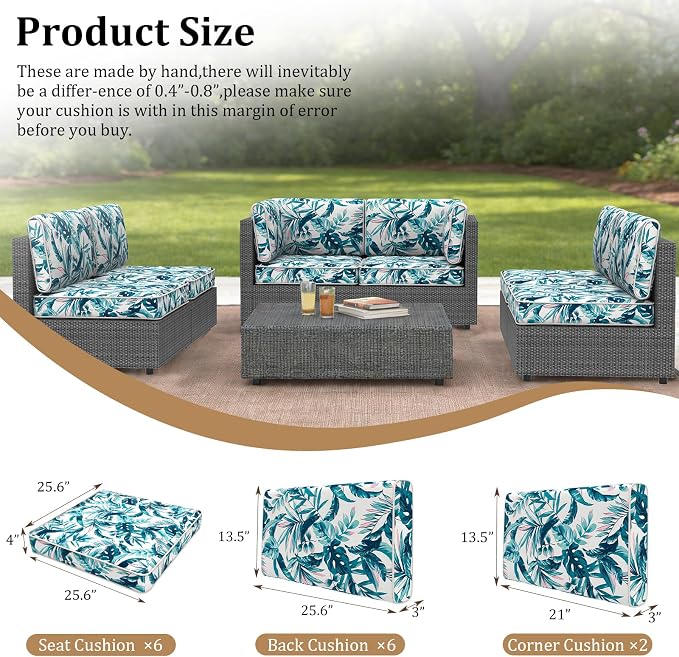 14 Piece Outdoor Furniture Replacement Cushions, Cover+Filling, 25.6" x 25.6" x 4" Foam Waterproof Outdoor Sofa Cushion Sets, Fit Wicker Rattan Sectional Conversation Set,Leaves
