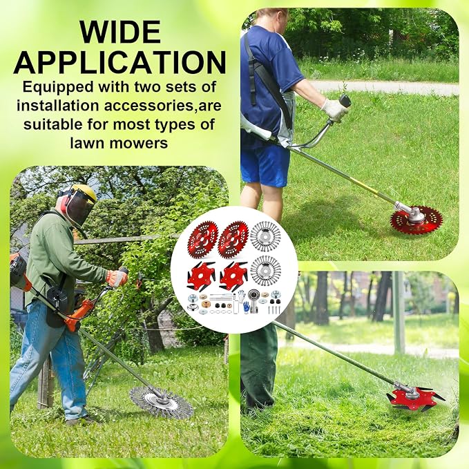 Duraaamo 7 Pcs Brush Cutter Kit Include 10" x 40T Carbide Tipped Blades, 10" x 6T Blades with Adapter Kit, 8 Inch Steel Wire Rotary Head and Trimmer Head Replacement