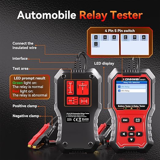 KONNWEI KW371 2-in-1 Car Battery Tester Relay Tester, 6V 12V 24V 10-2000 CCA Automotive Diagnostic Tool for Lead Acid AGM Gel EFB Lithium, Charging Cranking Analyzer for Motorcycle Truck Boat