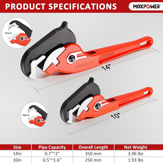 MAXPOWER 10"&14" Pipe Wrenches, 2-Piece Self-Adjusting Pipe Wrench, Rapid Grip Quick Self-Adjust Plumbing Wrench for Household Maintenance