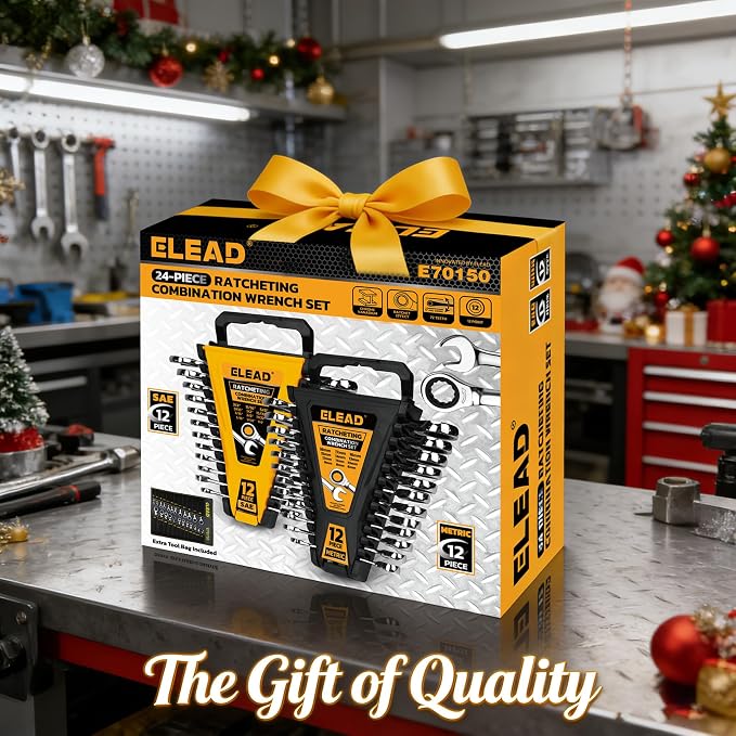 ELEAD 24-Piece Ratcheting Wrench Set, Metric 6-18mm & SAE 1/4"-3/4", 12-Point 72-Tooth CR-V Steel Combination Wrenches with Tool Roll Bag and Magnetic Wrench Organizer for Automotive Repair