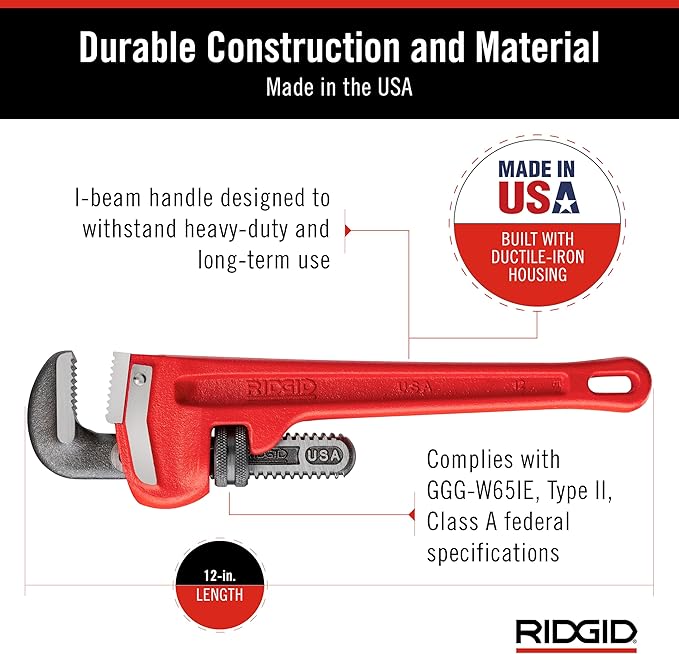 RIDGID 31015 Heavy-Duty Straight Pipe Wrench, 12" Sturdy Plumbing Wrench with Self Cleaning Threads and Hook Jaws, Red, Small