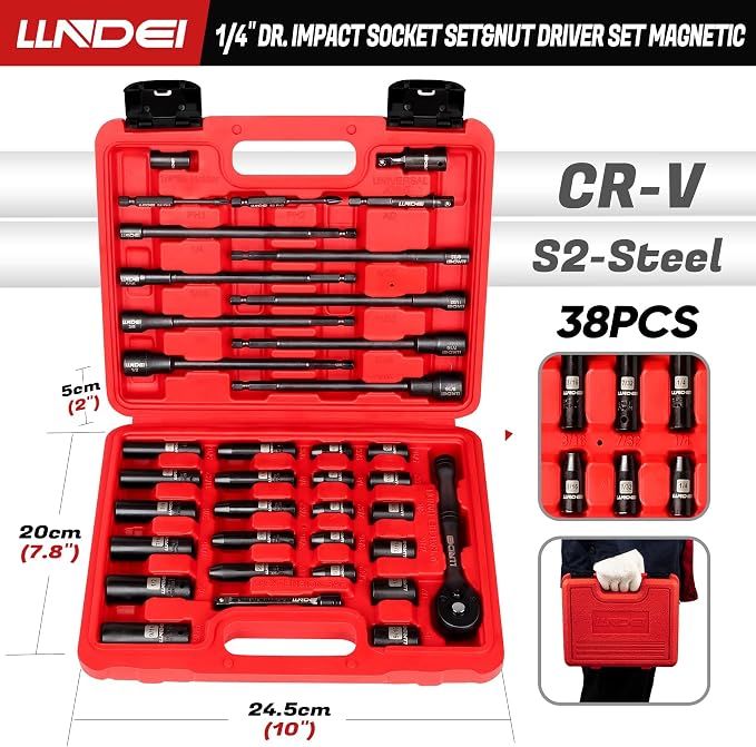LLNDEI 1/4" Drive Socket Set & Nut Driver Set with Ratchet 38Pcs SAE 5/32" | 1/4" Sockets Deep&Shallow SAE 5/32" to 9/16" with Ratchet, Hex Shank 6" Long Nut Drivers(1/4"-9/16") for Drill Bits(PH1 PH2)