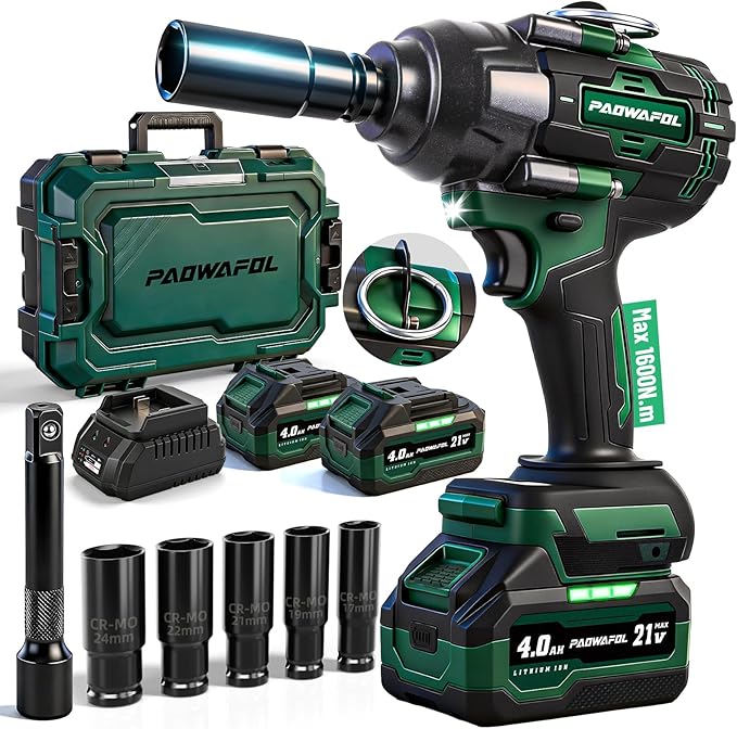 2026 Impact Wrench 1180ft-lbs(1600N.m), 1/2" Impact Gun with 2x4.0Ah Battery, 21V Cordless Impact Driver High Torque with 5 Sockets, Pistola Llave De Impacto Brushless for Truck RV Home Car