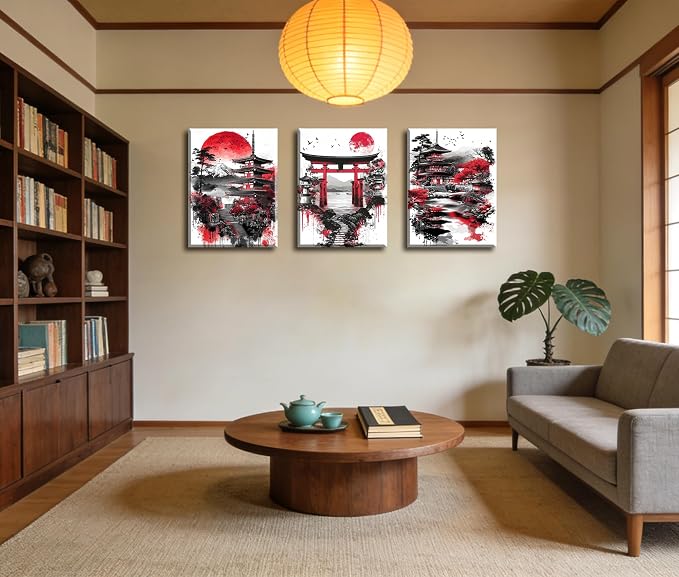 Frimeeme 3 Pieces Japanese Canvas Wall Art, Japanese Landscape Painting Prints, Red and Black Cherry Blossom Trees Building Pictures, Living Room Office Decor, 12x16 Inch Each
