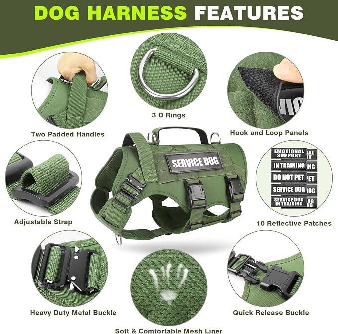 Service Dog Vest Harness for Medium Dog, Tactical Working MOLLE Vest with 10 Pet Patches, No Pull Heavy Duty Harness for Training Walking