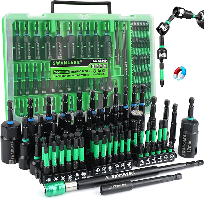 74-Piece Magnetic Nut Driver Set for Impact Drill Metric & SAE, Impact Socket Adapter, Power Bits with Magnetic Holder, Wing Nut Driver, Universal Socket, 1/4'' Quick-change Bit Extension