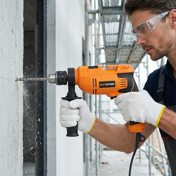 Hammer Drill，5.8Amp Corded Hammer Drill,1/2" Variable Speed Drill with 9 Pcs Drill Bit Set,Multi-angle Aauxiliary Handle for Wood, Concrete, and Plastic