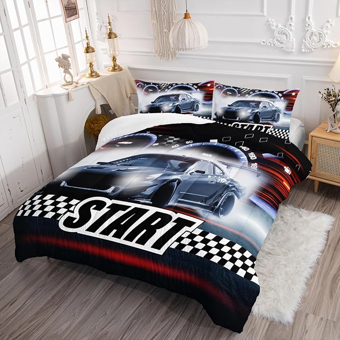 Axolotl Race Car Comforter Set King Size,Extreme Sports Bedding for Boys Teens Kids Girls Room Decor,Checkered Flag Bedding,Cool Speed Car Quilt Bed Set with 1 Comforter 2 Pillowcases