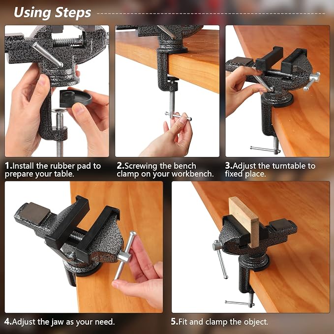 GOXAWEE Universal Bench Vise, 3.15 Inch Table Clamp, 360-Degree Swivel Base, Small Home Vice, Clamp-on Tool for Woodworking, Cutting Conduit, Small DIY Projects, Craft Creation, Sculpting and Modeling