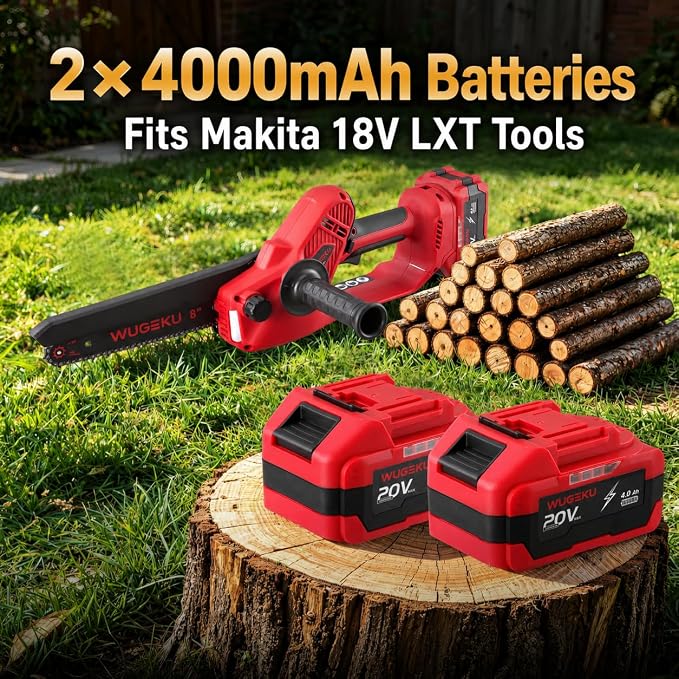 8-Inch Brushless Mini Chainsaw, Fits Makita 18V LXT Batteries | Auxiliary Handle for Steadier Two-Hand Control, 2×4.0Ah Batteries, Auto Oiler, Tool-Free Tension, Case & Safety Gear