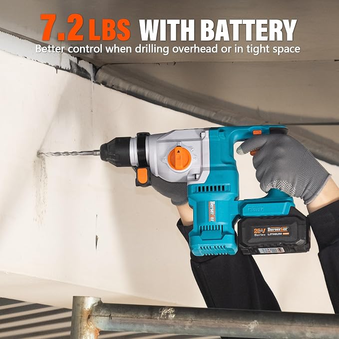 Berserker 1-1/8" SDS-Plus Cordless Rotary Hammer Drill for Concrete 111Pro | 20V 4.0Ah Lithium-Ion Battery Powered with 3A Charger, 4 Functions Brushless Motor Variable Speed Safety Clutch Rotomartillo
