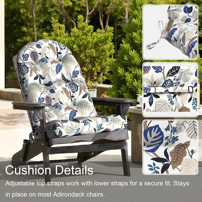 LVTXIII Outdoor Adirondack Chair Cushions, 44x19x4 Inch Non-Slip High Back Rocking Chair Cushion, Tufted Seat Cushion for Patio Furniture, Set of 2, Breeze Leaves Beige