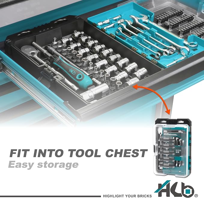 HB 99-Piece Socket Set AKM037-U, 90-Tooth Ratchet 3/8" Drive, Metric SAE 1/4" Sockets, Phillips Pozi Slotted Hex Star Square Tri-Wing Torq Bits, Extendable Compact Case, Made in Taiwan