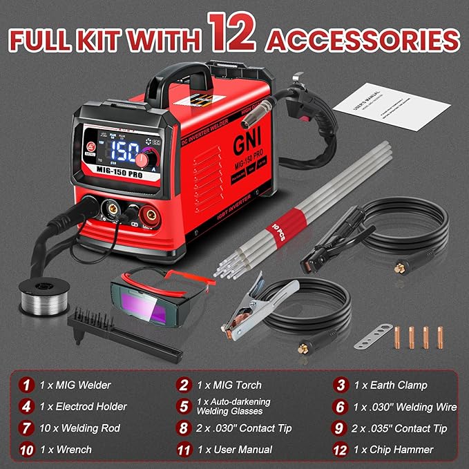GNI Multiprocess Welder, MIG/TIG/Stick Welding Machine, IGBT Inverter Portable MINI Welder Machine 110V, Beginner-Friendly MIG Welder with Auto-Darkening Goggles, 150A Flux Core Welder for Home DIY