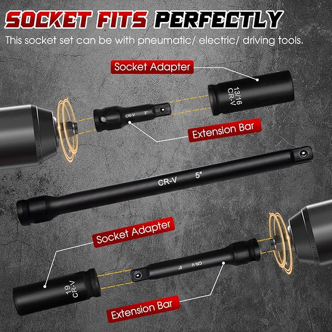 1/2" Drive Impact Socket Set 29-Piece, Cr-V-M Steel Deep Socket SAE(3/8" - 1") & Metric(10-24mm) Sizes, with Extension Bar Come with Storage Case